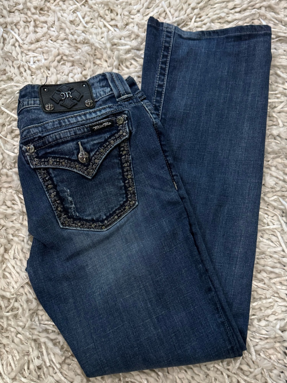 Miss Me Dark Blue Boot Cut Jeans with Embellished Back Pockets -Size 30